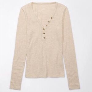 American Eagle Outfitters Cream Waffle Long-Sleeve Henley Top